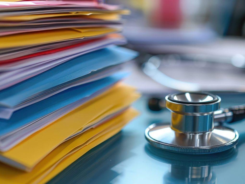 Stethoscope and Stack of Medical Records