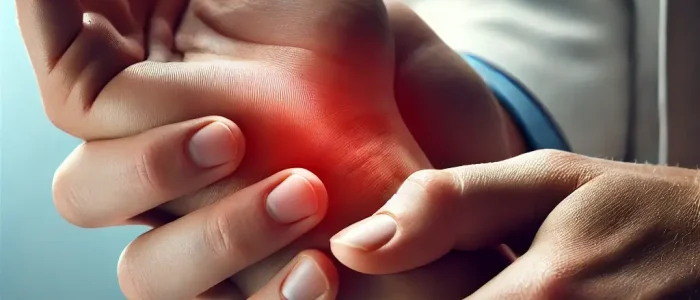 DALL·E 2024-09-17 21.22.41 - A close-up image of a human wrist joint, showing someone massaging the wrist area due to pain in a clean and professional medical environment. Consist